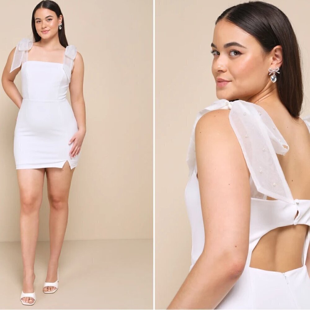 LULUS Bridal Bachelorette Engagement Bridal Shower Sexy Bow Pearls Mini Dress - Picture 2 of 7